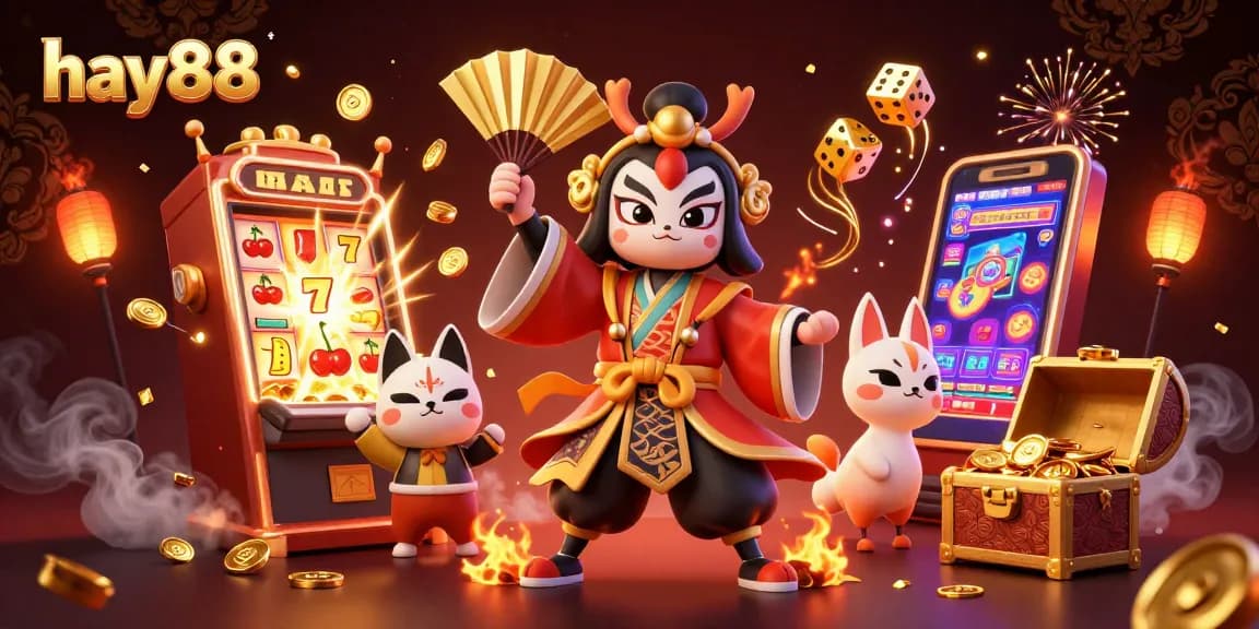 Engage with exciting games at hay88's animated casino adventure featuring jackpots and vibrant fortune illustrations.