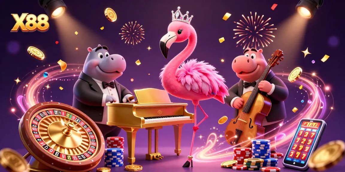 Engage with X88's vibrant casino atmosphere featuring lively characters, golden coins, and exciting games.