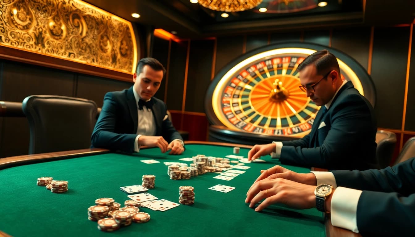 Players engaging in an intense poker match at Lu88 casino table surrounded by luxurious decor.