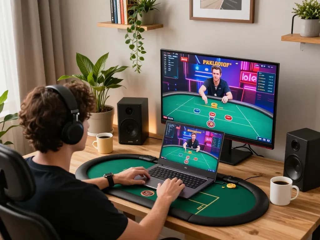 Engaging in online poker gameplay on 789win with vibrant home gaming setup, showcasing excitement and strategy