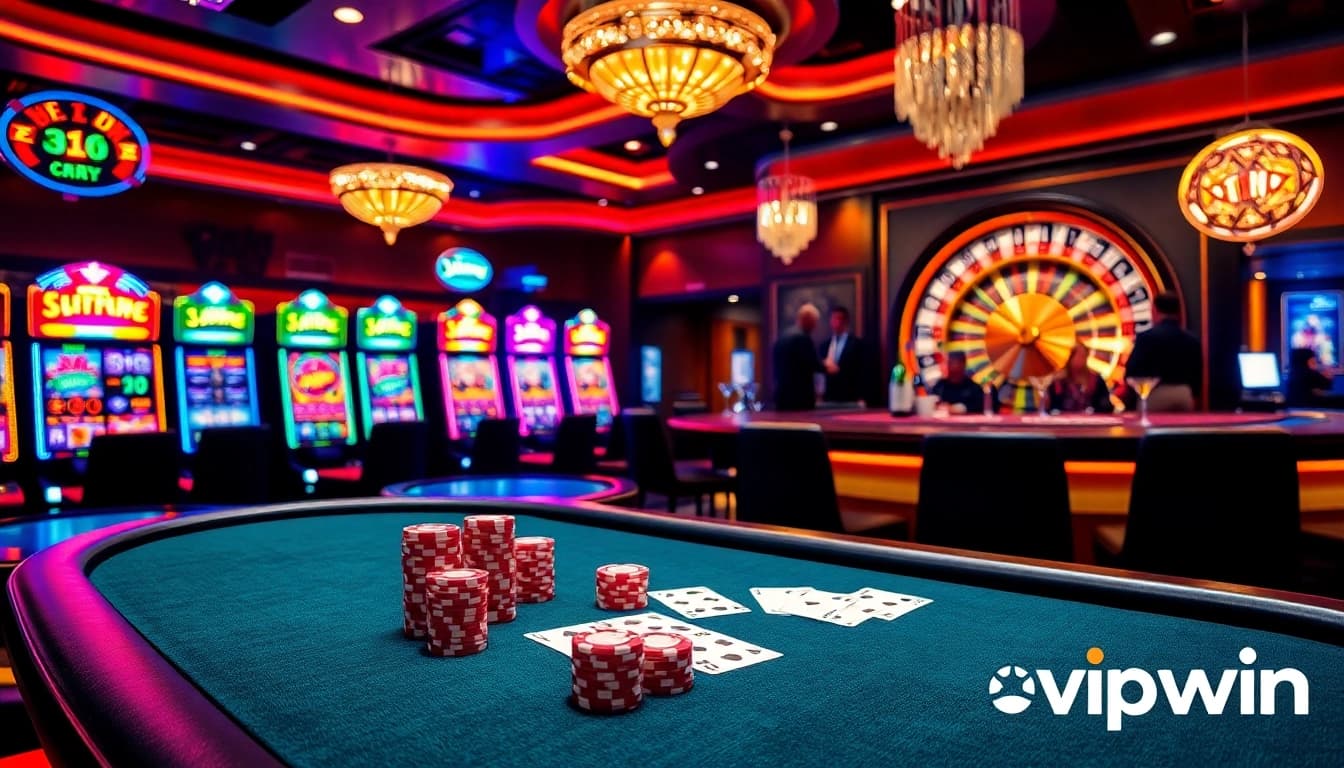 Engaging casino scene showcasing vipwin's luxurious poker experience with vibrant slot machines and roulette.