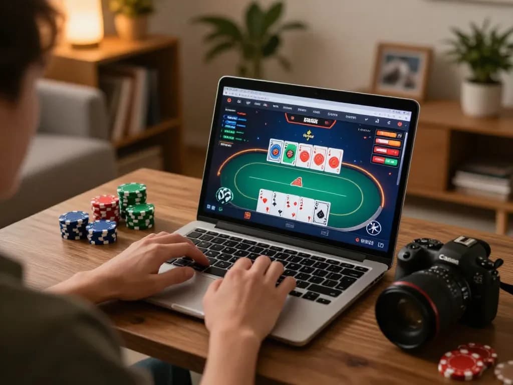 Engaging online gambling experience at https://tr88.golf/ with vibrant poker game on laptop.