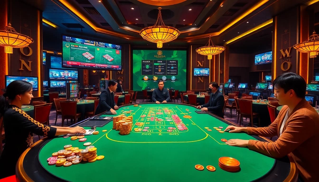 Xóc đĩa online gameplay at a stylish casino table with vibrant chips and a live dealer.
