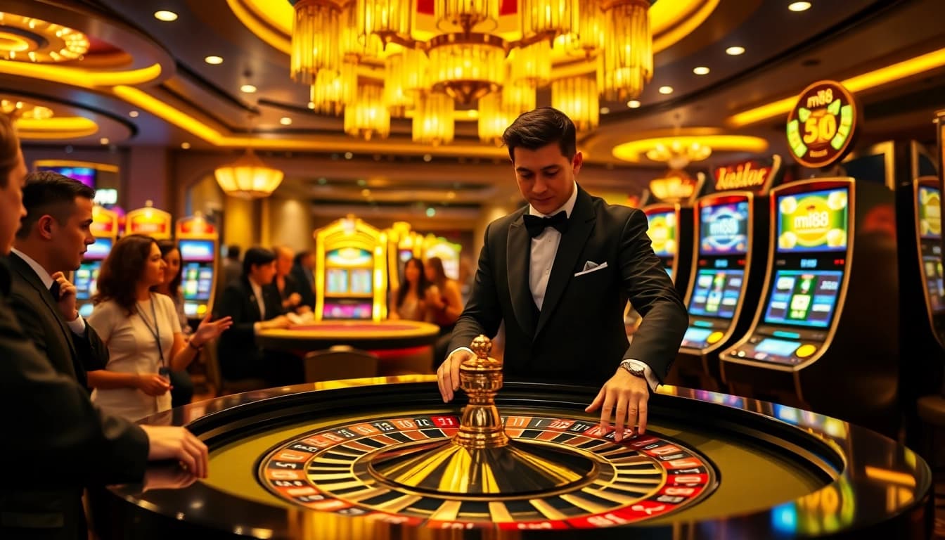Players enjoying exciting games at mi88 casino with roulette and vibrant slot machines.