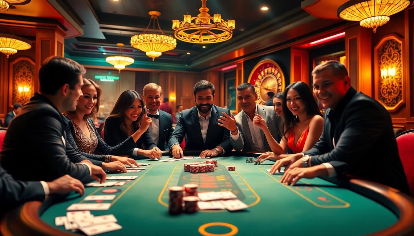 Excited players at a luxurious poker table while engaging with VIPWIN CC's online gaming atmosphere.