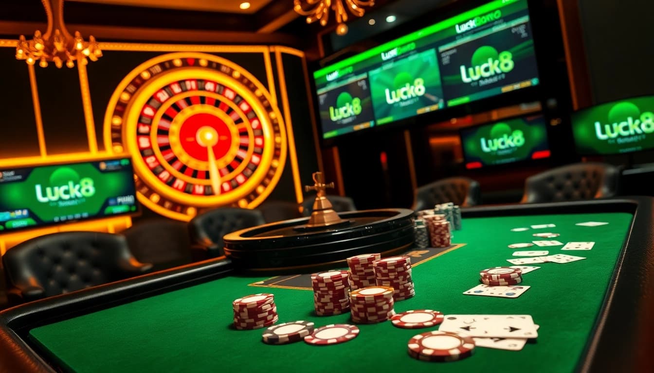 Luck8 gaming table with poker chips and cards in an elegant casino setting.