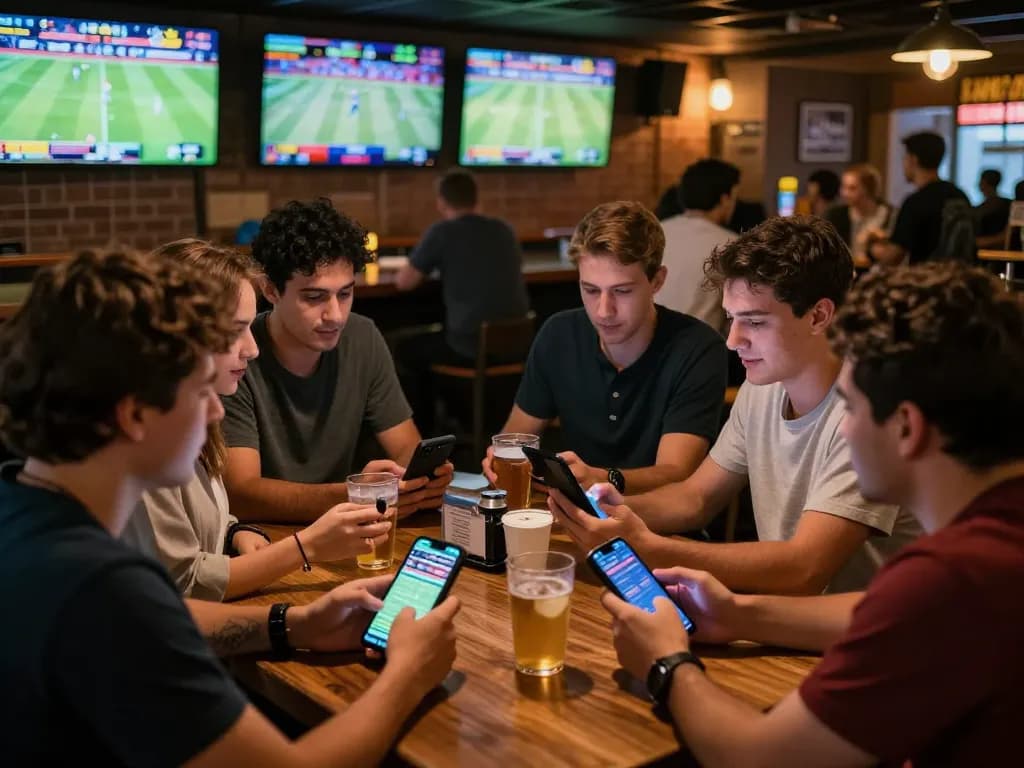 Sports bettors using XO88 app in a lively bar setting, enjoying live game action on multiple screens.