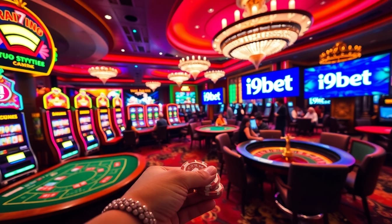 Experience high-stakes gambling at i9bet with vibrant slot machines and poker tables.
