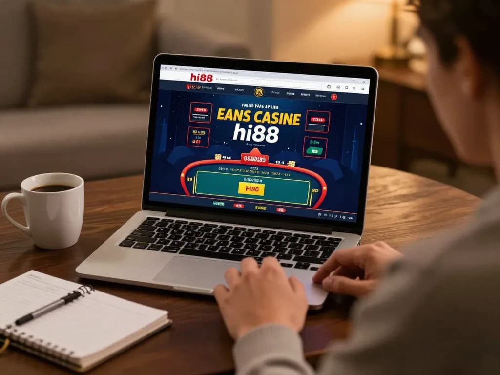 Engaged user playing hi88 online casino games on a modern laptop in cozy atmosphere, demonstrating gambling strategy.