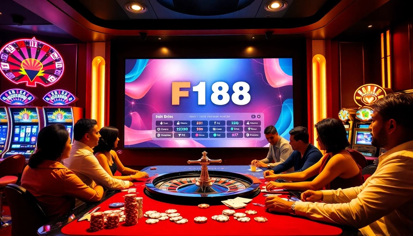 Experience thrilling gameplay at F168's high-tech casino with vibrant slot machines and poker chips.