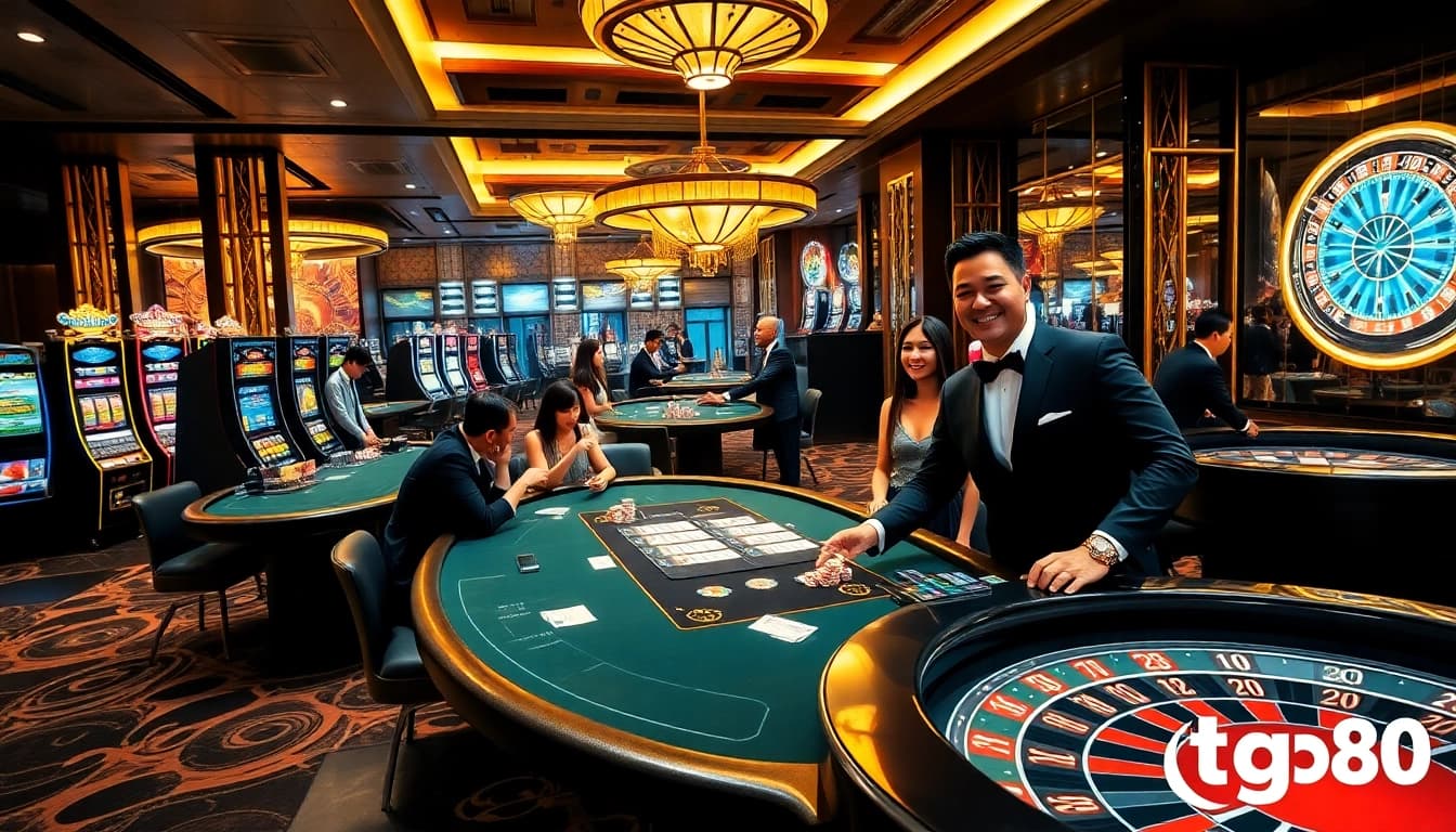 tg88 players enjoying high-stakes poker and vibrant slot machines in a luxurious casino atmosphere.