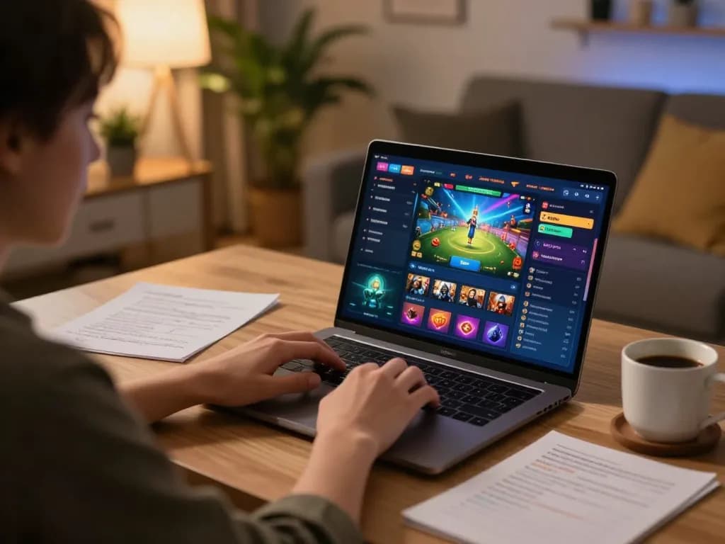 Engaging with okking platform on laptop while enjoying a cozy home gaming setup