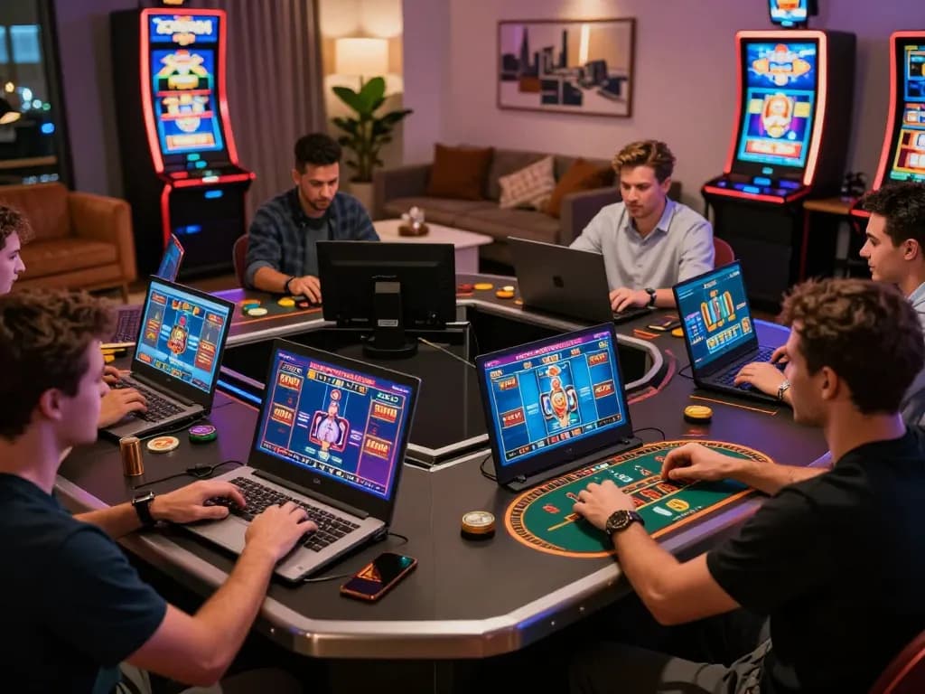 Players enjoying online casino games at home using https://du88.autos/ on laptops and tablets, vibrant atmosphere
