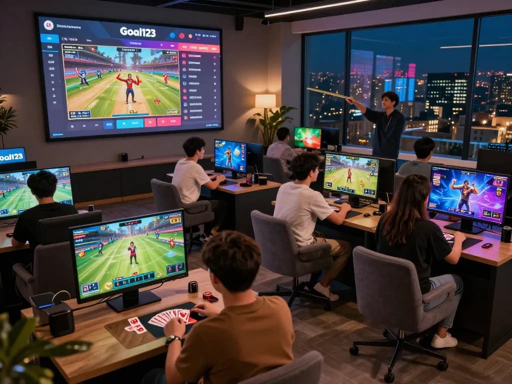Goal123 players enjoying dynamic online gaming with sports betting and card games in an engaging lounge atmosphere.