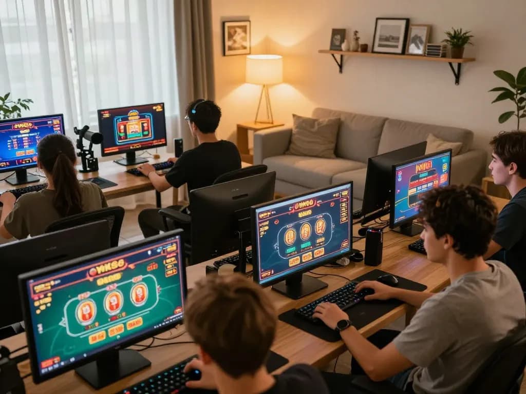 Players engaging with NK88 casino games on their devices in a cozy online gaming environment.