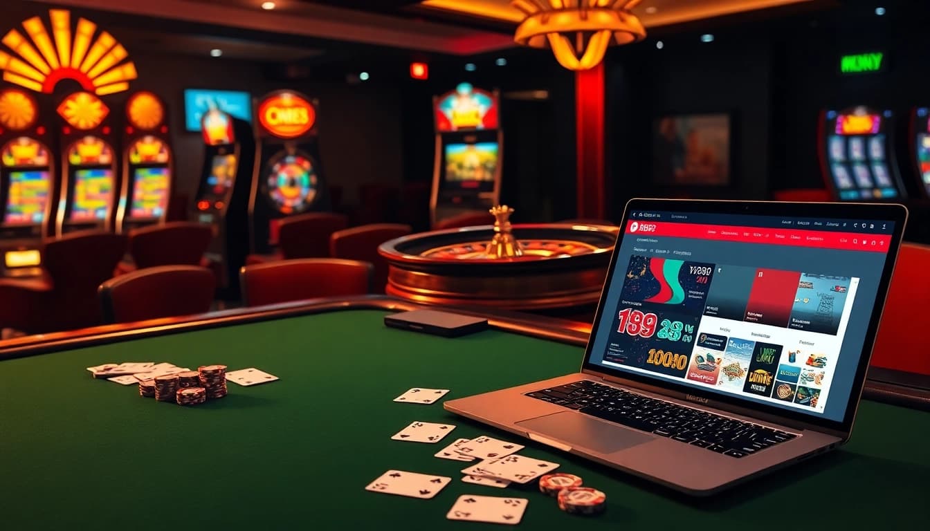 Engaging scene of online gambling at https://we88top.io/ featuring casino tables, cards, and vibrant slot machines.