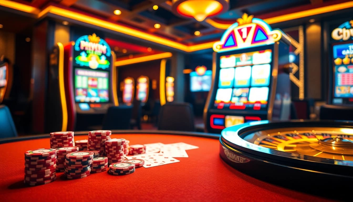 Experience thrilling gameplay at phwin casino with vibrant tables, chips, and digital displays.