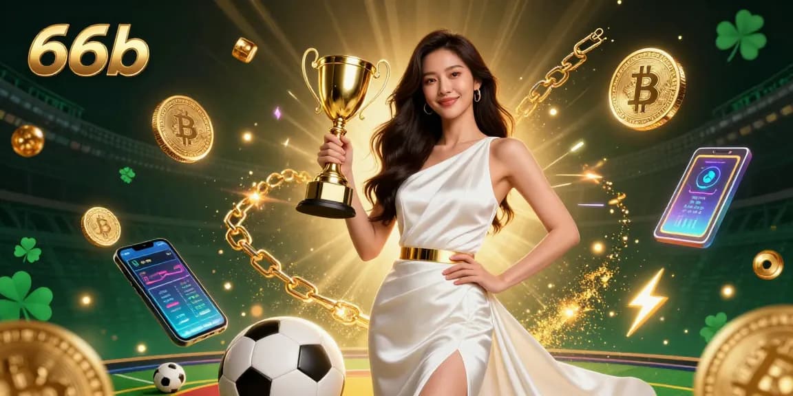 Bet on 66b and celebrate wins with a victorious Asian woman holding a trophy in a rich digital casino scene.