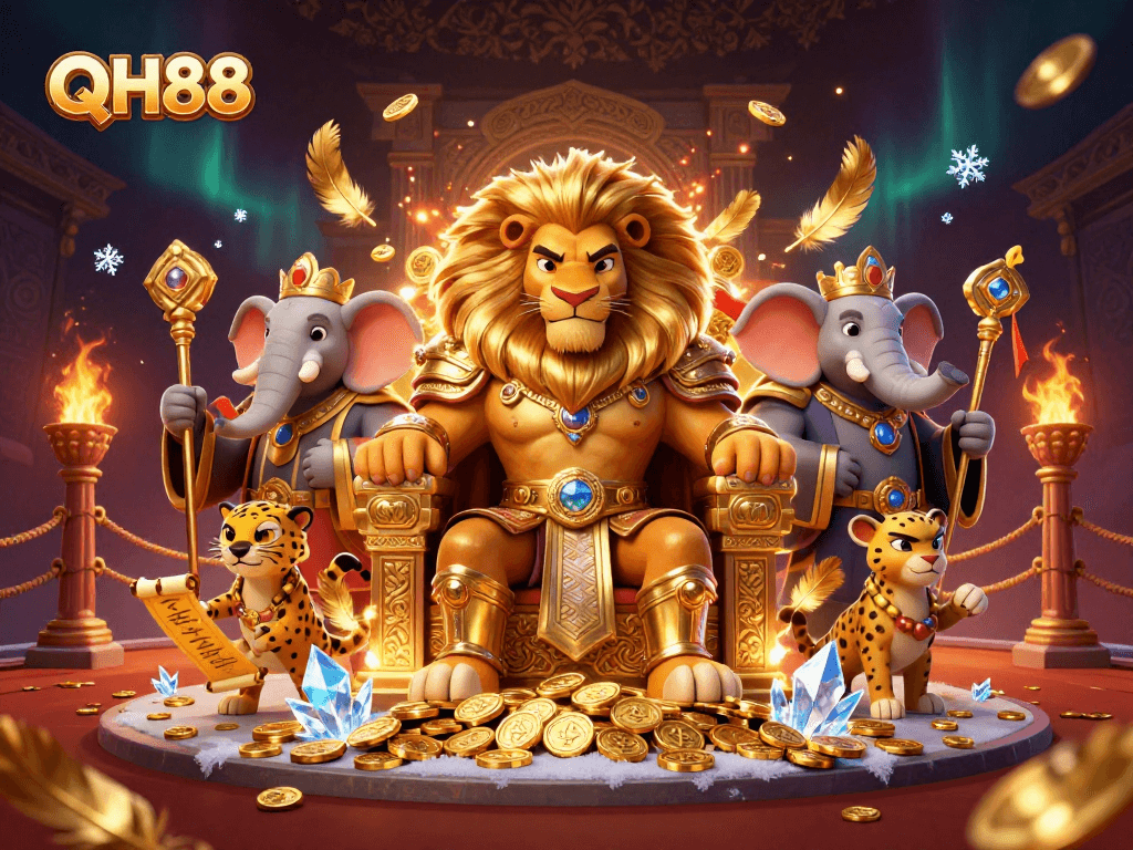 QH88 reveals a dynamic casino scene with a lion king, elephant advisor, and cheetah messenger.