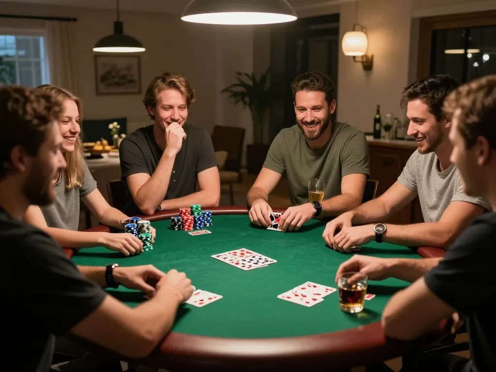 Tg88 poker night excitement with friends at home, colorful chips and cards on green felt table