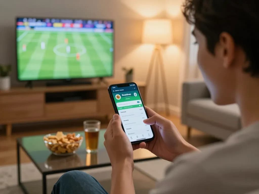 Engaging football match outcomes via sports betting app on smartphone, excitement visible.