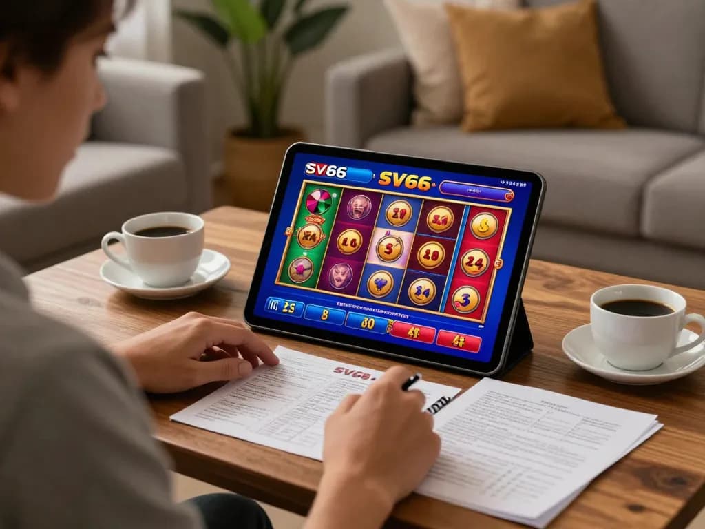 Engaging SV66 player spins the reels on a tablet, showcasing dynamic online gaming experience