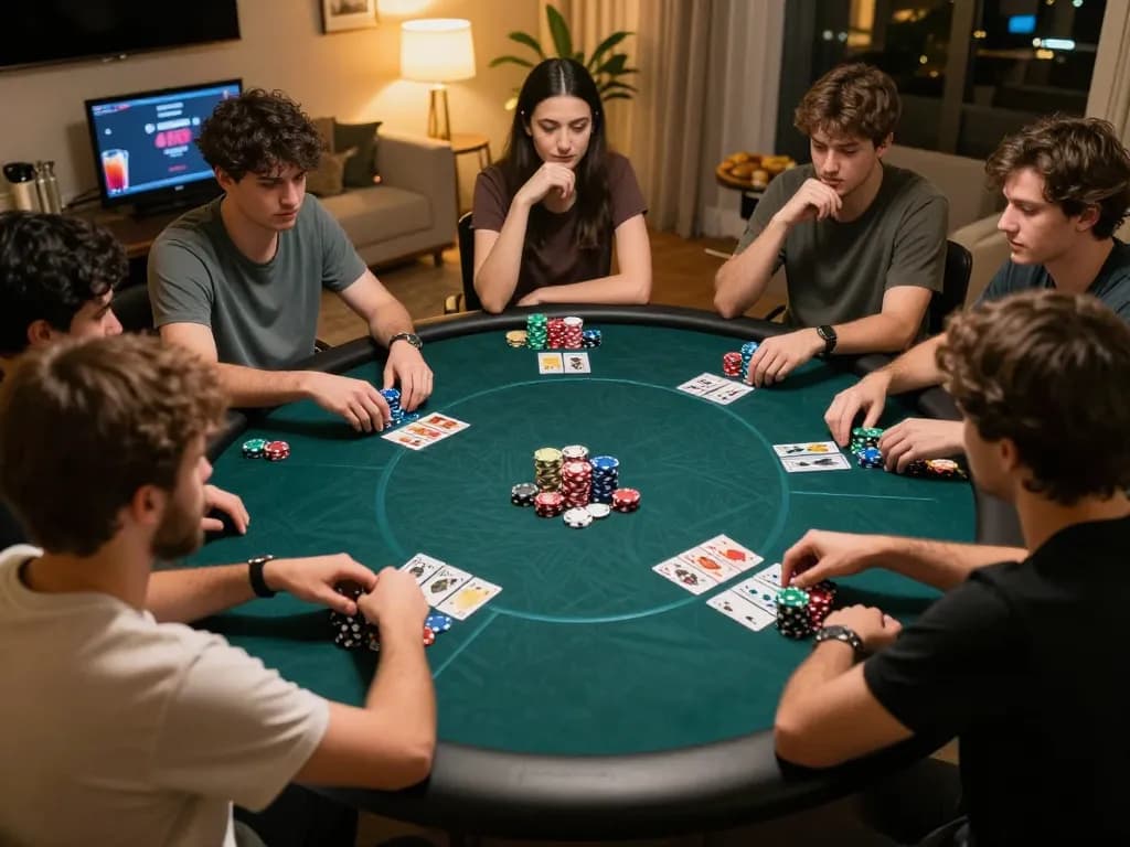 Players strategizing during an online poker game while using HITCLUB, enjoying a lively home atmosphere.