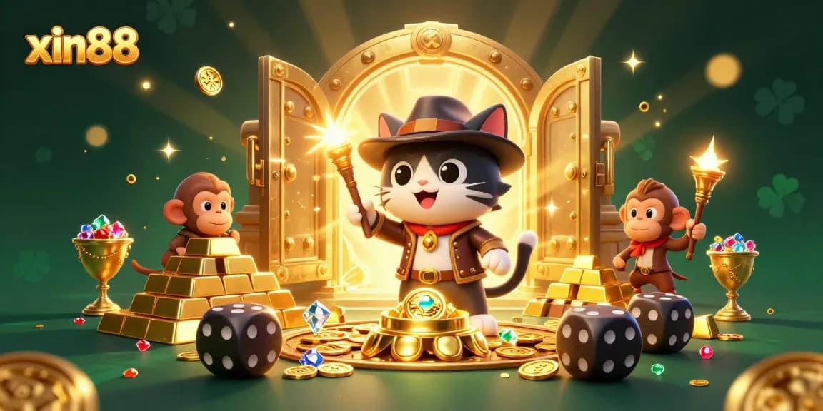 Join xin88's thrilling adventure as the explorer cat discovers golden artifacts in a vibrant casino landscape.