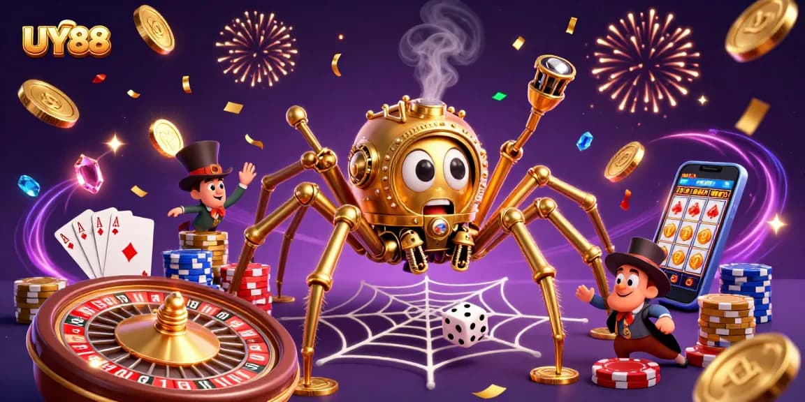 Experience thrilling moments at UY88, featuring a steampunk spider and vibrant casino elements.
