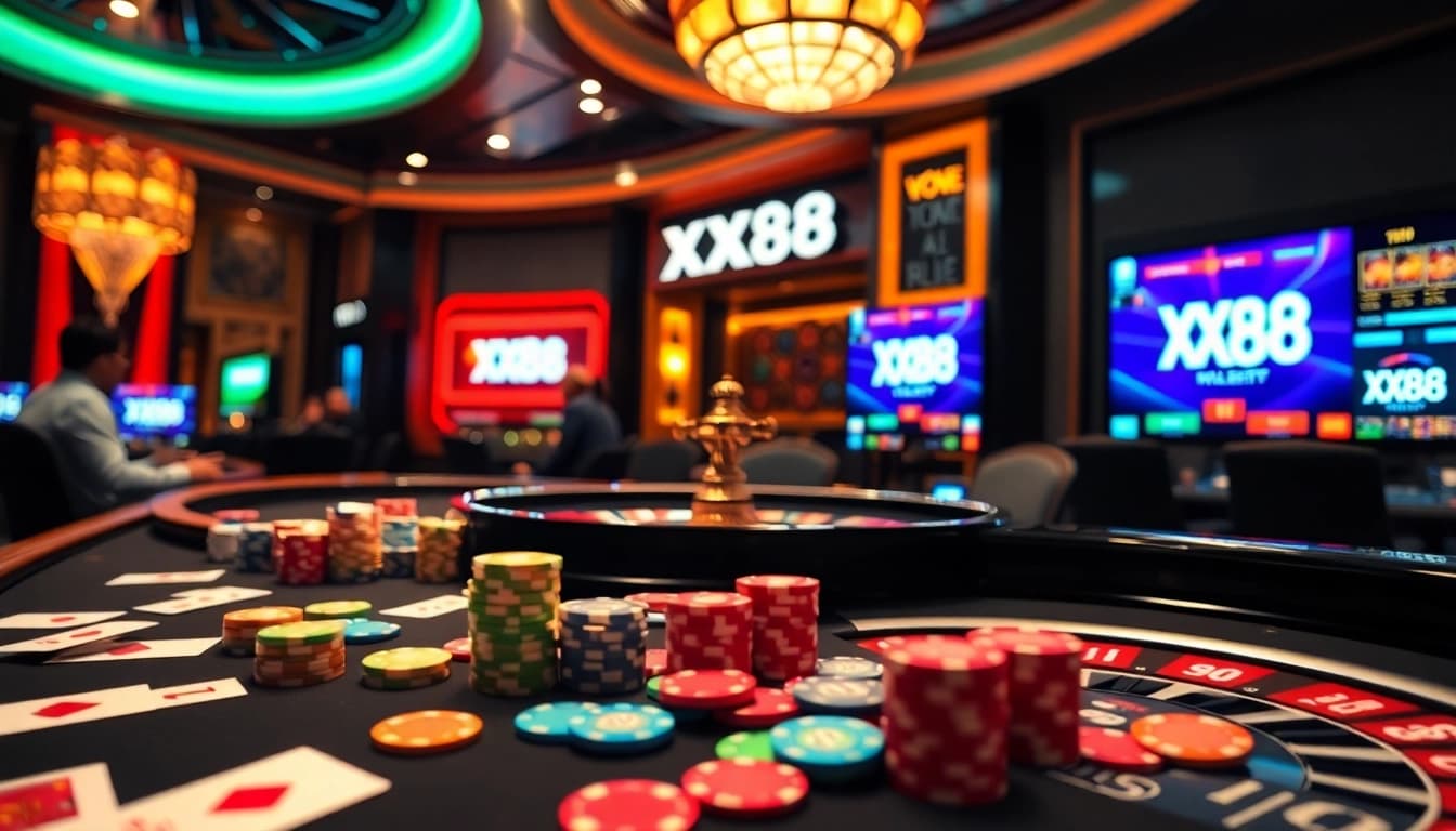 Engaging casino scene showcasing players at a table with XX88 branding and vibrant gambling elements.