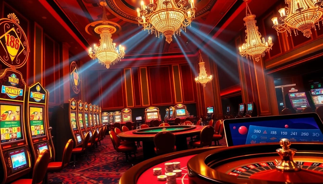 A luxurious casino scene highlighting excitement at nk88 with slot machines, poker tables, and roulette wheels.