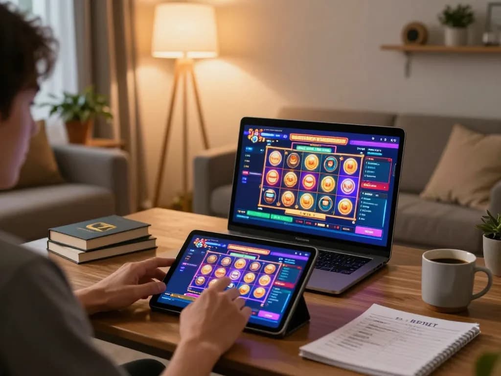 Player enjoying FC88 online slots on a tablet in a cozy living room