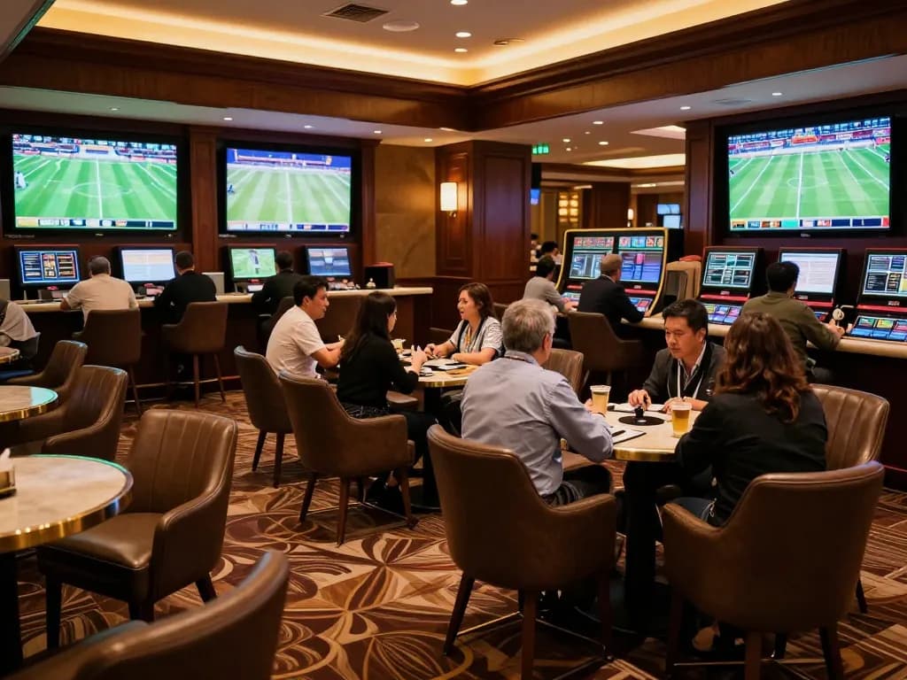 Engaged bettors placing wagers on sports events at 123Win's upscale betting lounge.