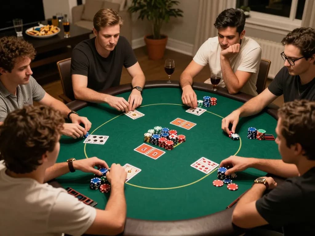 Engaged players at a poker night explore strategies on au88 com while enjoying a cozy home atmosphere.