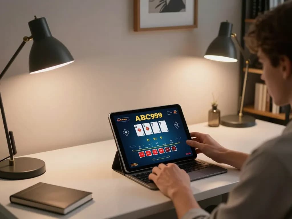 Engaging in online blackjack gameplay on ABC999 from a cozy home office setting.