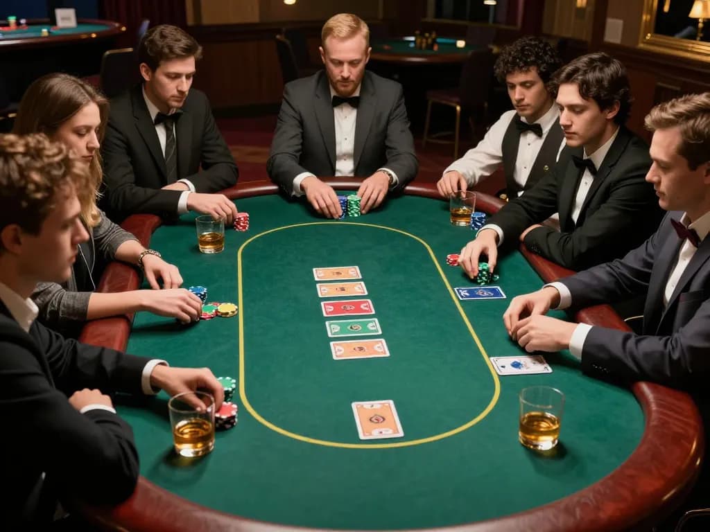 Vipwin players strategizing in a luxury poker game with vibrant chips and whiskey glasses