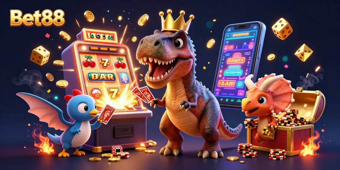 Engage with Bet88's thrilling casino scene featuring a T-Rex juggling cards, a pterodactyl assistant, and a triceratops with golden chips.