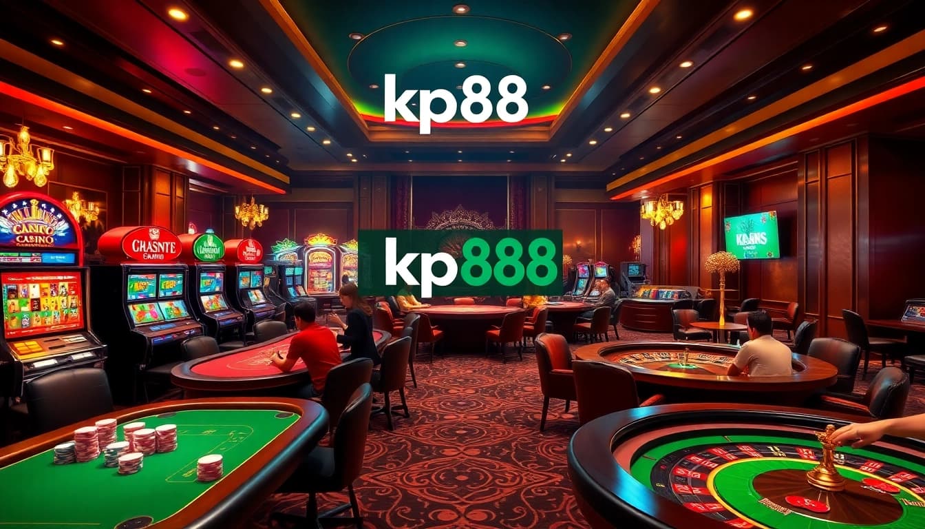 Engaging scene at kp88 casino with vibrant tables, poker players, and slot machines.