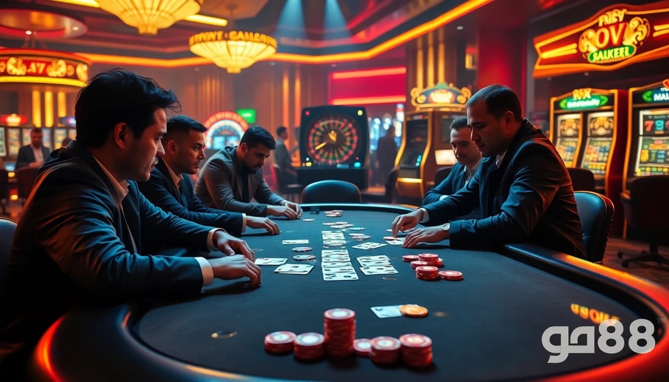 High-stakes poker action at GG88 casino featuring engaged players, vibrant chips, and dynamic roulette backdrop.