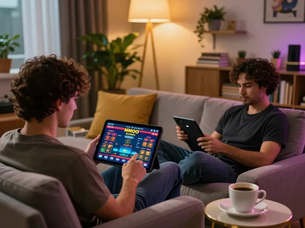 Player engaged with MMOO online casino app on tablet in cozy home environment.