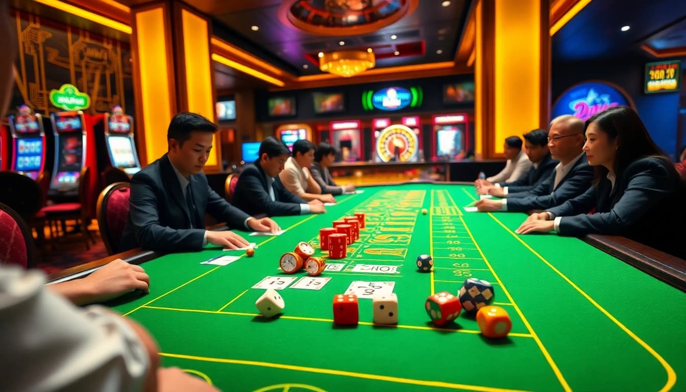Tài xỉu MD5 players strategizing bets at an elegant casino table.
