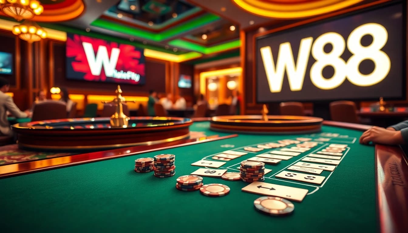 Players immersed in a thrilling W 88 casino experience with vibrant gaming tables and live action.