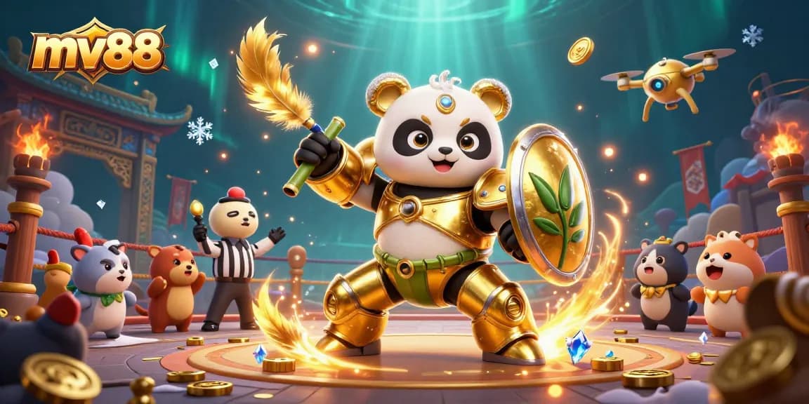 Experience thrilling action at mv88 with a mech-suit panda in a dynamic casino scene full of excitement.