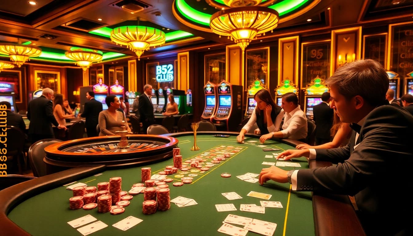 B52Club players enjoying a thrilling poker game at a vibrant casino table, reflecting excitement and luxury.