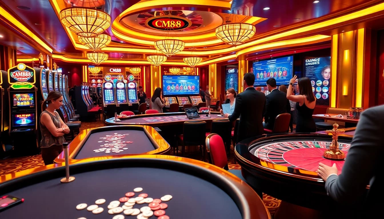 Players enjoying thrilling games at CM88 casino with vibrant slot machines and tables.