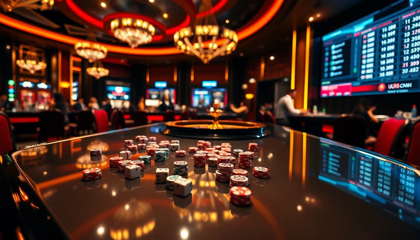 UU88 players enjoying intense gambling action at a luxurious casino table with poker chips.