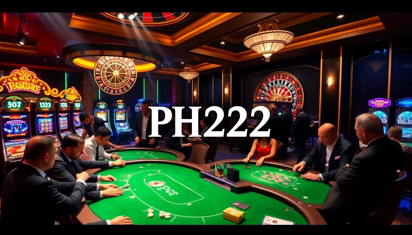 Play exciting games at PH222 Casino with vibrant tables, slot machines, and engaging players.