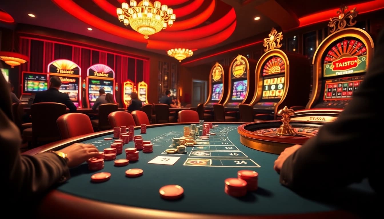 Experience the thrill of gambling at fun79 with an exciting casino scene featuring poker tables and roulette wheels.