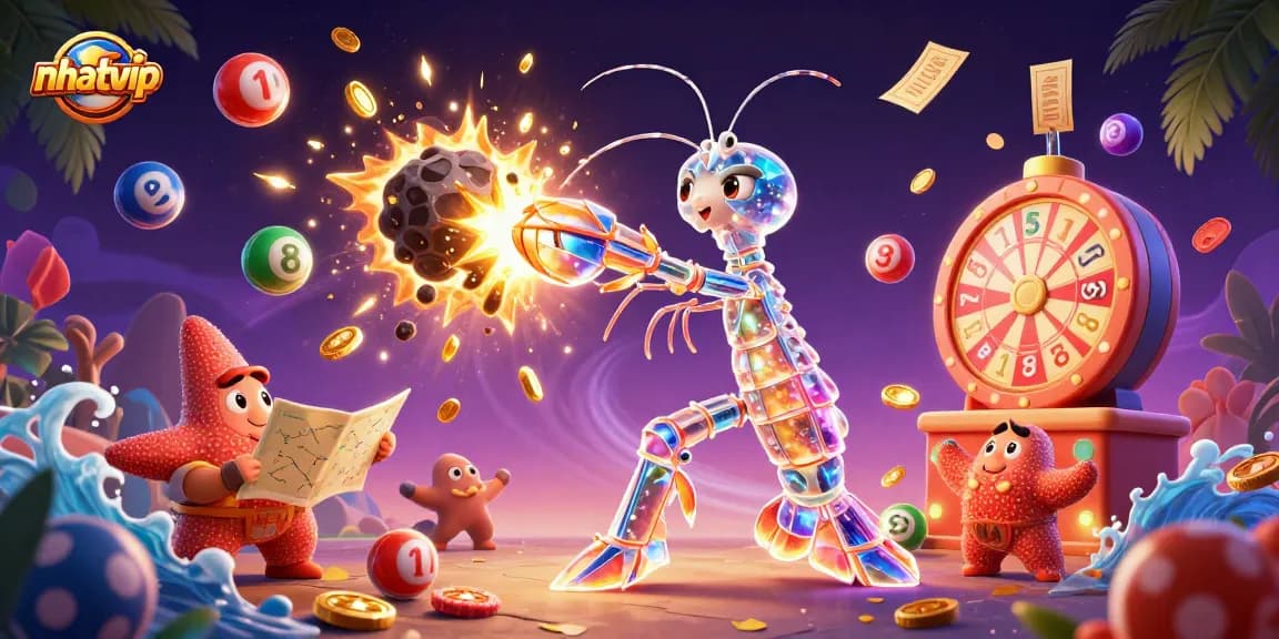 Nhatvip offers thrilling lottery action with dynamic colorful elements and a captivating 3D illustration.