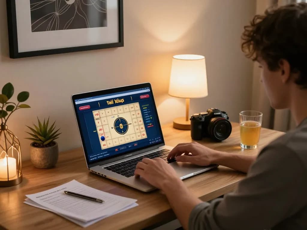 Player engaged in Tài Xỉu online uy tín game using a laptop during cozy home gaming session.